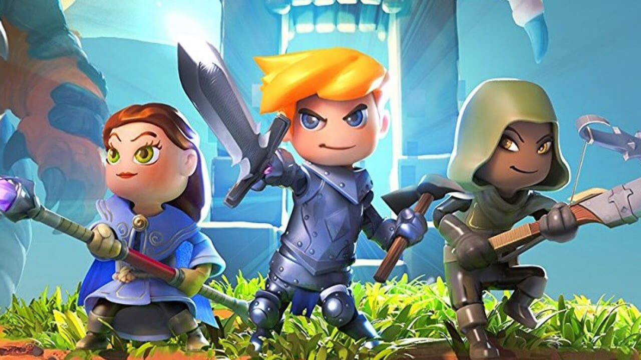 Portal Knights key art showing three characters holding weapons